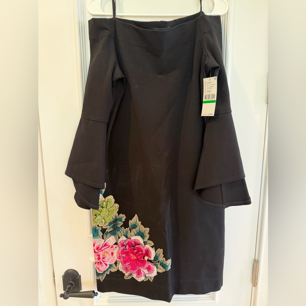 Karen Kane Black Off-Shoulder Dress with Floral Embroidery